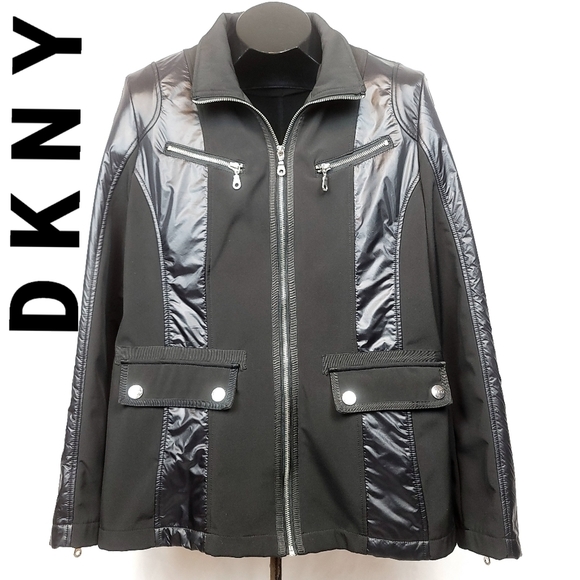 DKNY Softshell light Mixed Media Black Moto Jacket - Picture 1 of 10